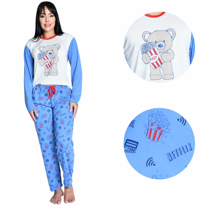 Pijama Longo Feminino Urso Netflix Familia