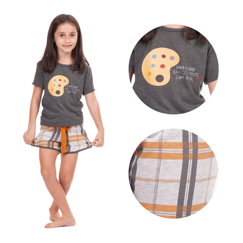 Pijama Infantil Menina Curto Verão ARTE XDZ Cinza