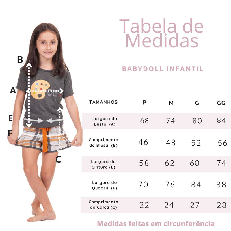 Pijama Infantil Menina Curto Verão ARTE XDZ Cinza