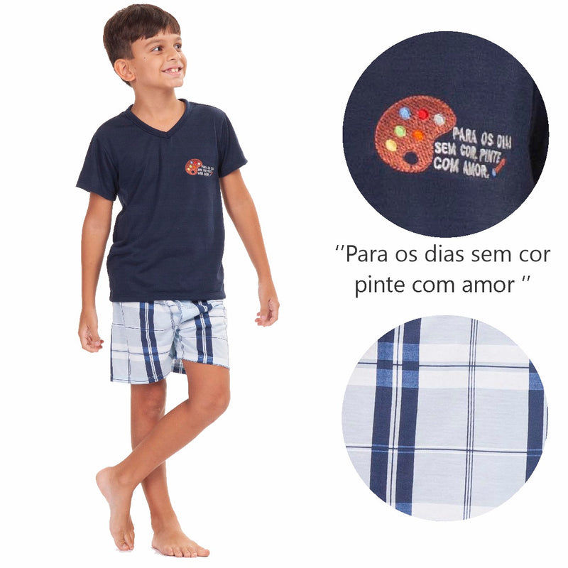 Kit Tal Pai Tal Filho Pijama Arte Xadrez Azul Curto