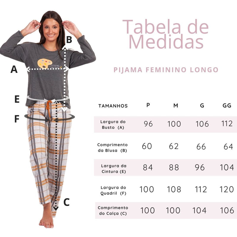 Pijama Longo Feminino Xadrez Arte Cinza Familia