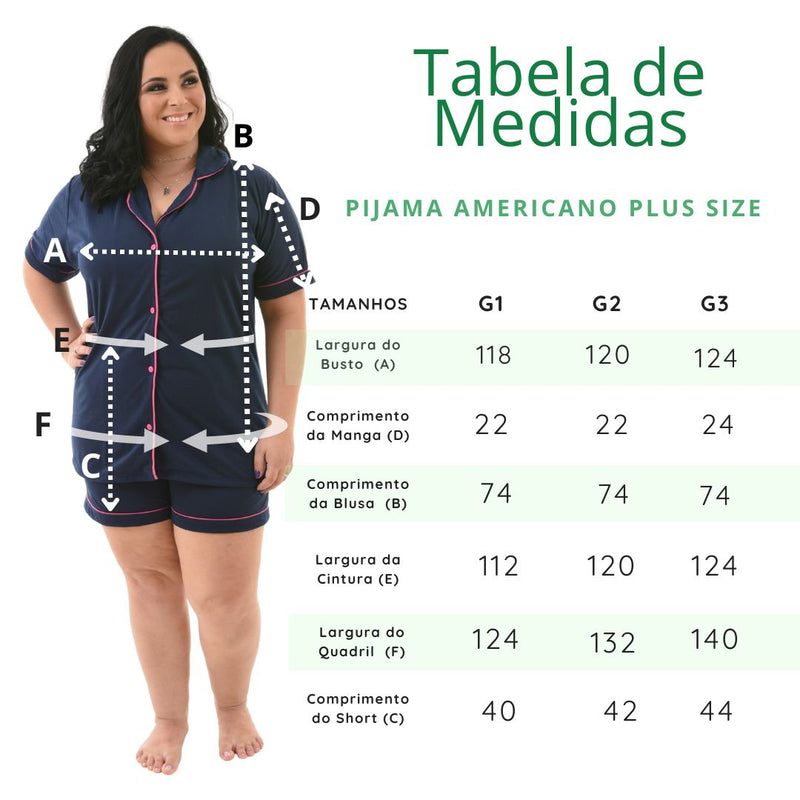 Pijama Americano Plus Size Azul Escuro Liso