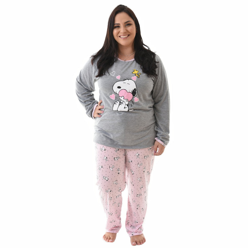 Pijama Plus Size Longo Feminino Snoopy Rosa