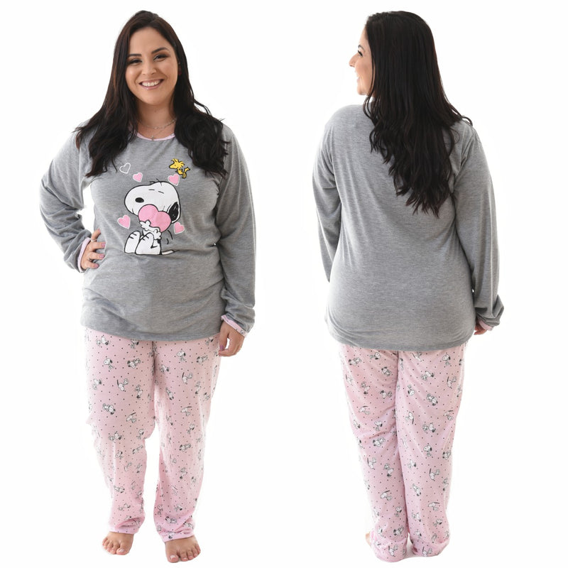 Pijama Plus Size Longo Feminino Snoopy Rosa