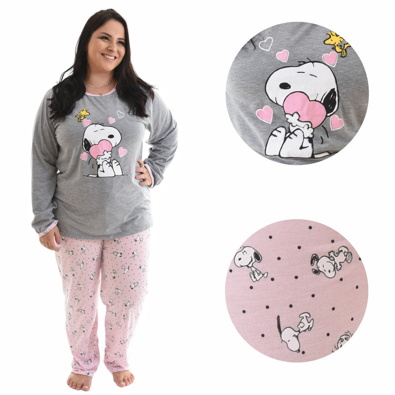 Pijama Plus Size Longo Feminino Snoopy Rosa