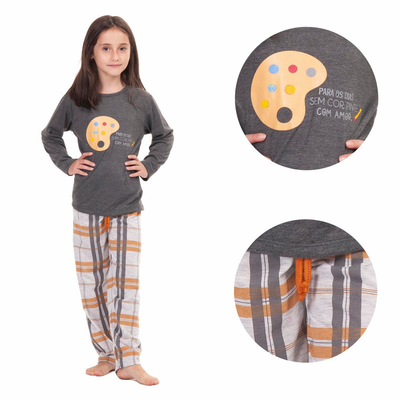 Pijama Infantil Menina Longo Arte XDZ Cinza