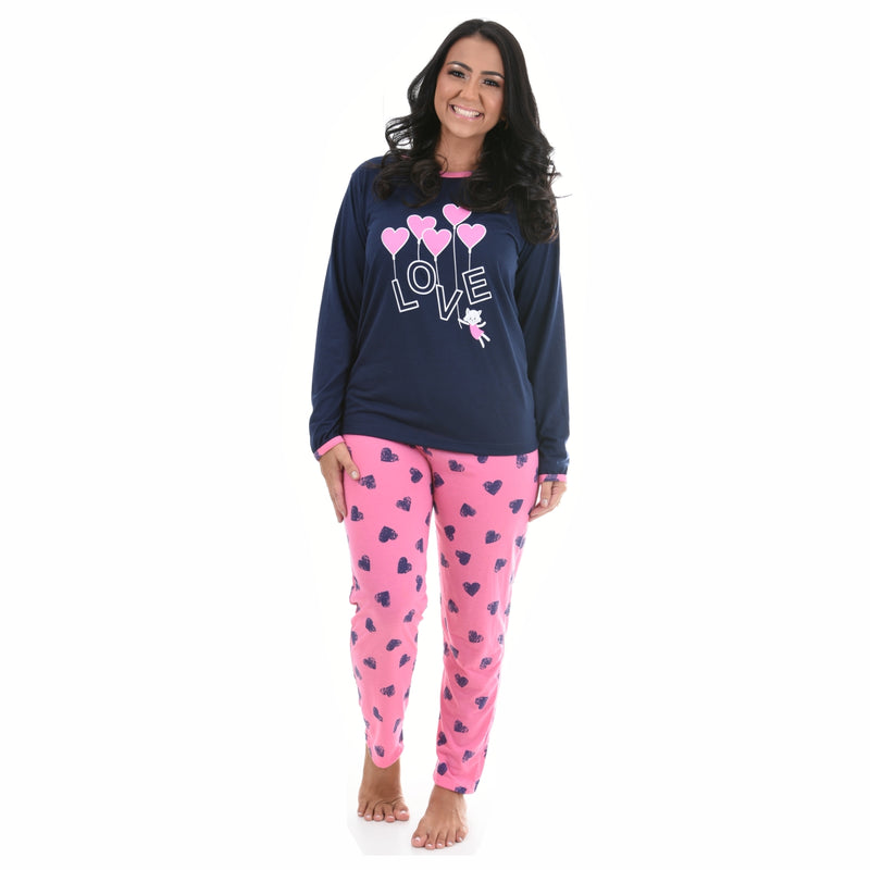 Pijama Longo Feminino Love Azul