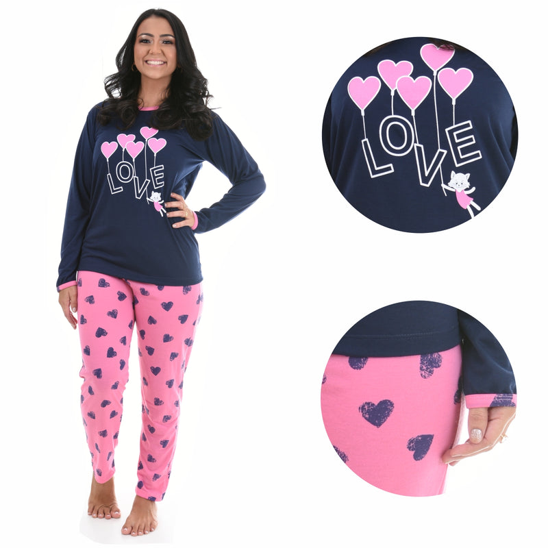 Pijama Longo Feminino Love Azul