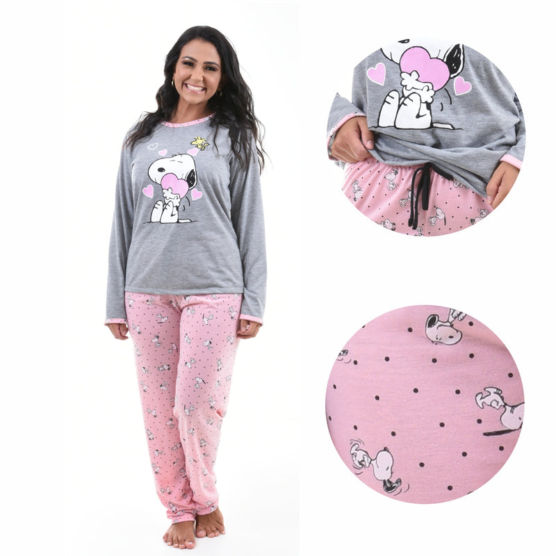 Pijama Longo Feminino Snoopy Rosa