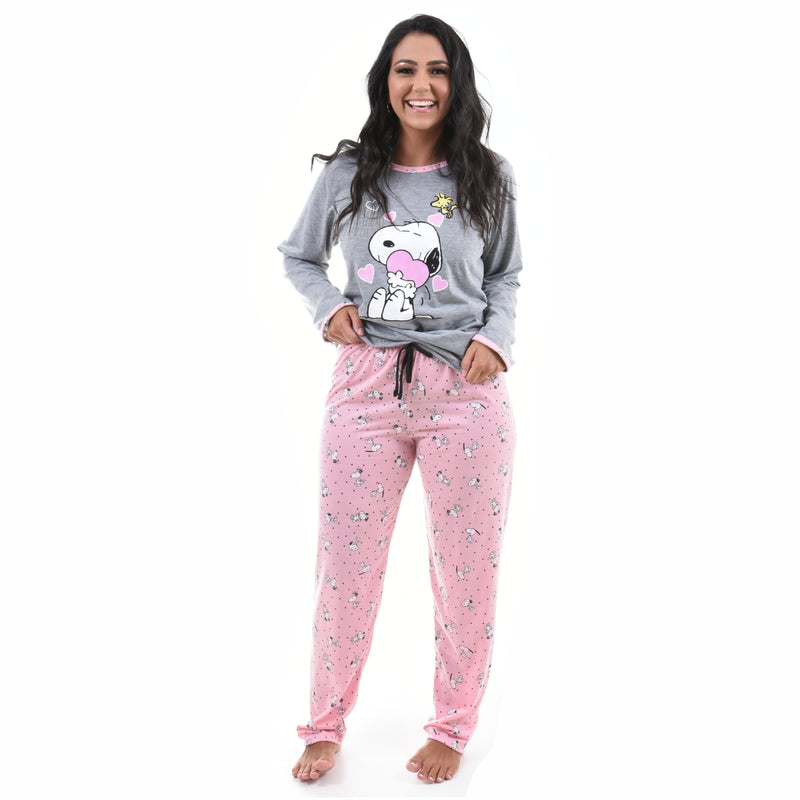 Pijama Longo Feminino Snoopy Rosa