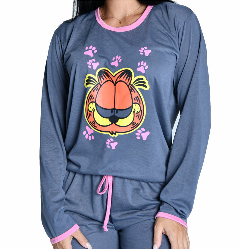 Pijama Longo Feminino Garfield Cinza