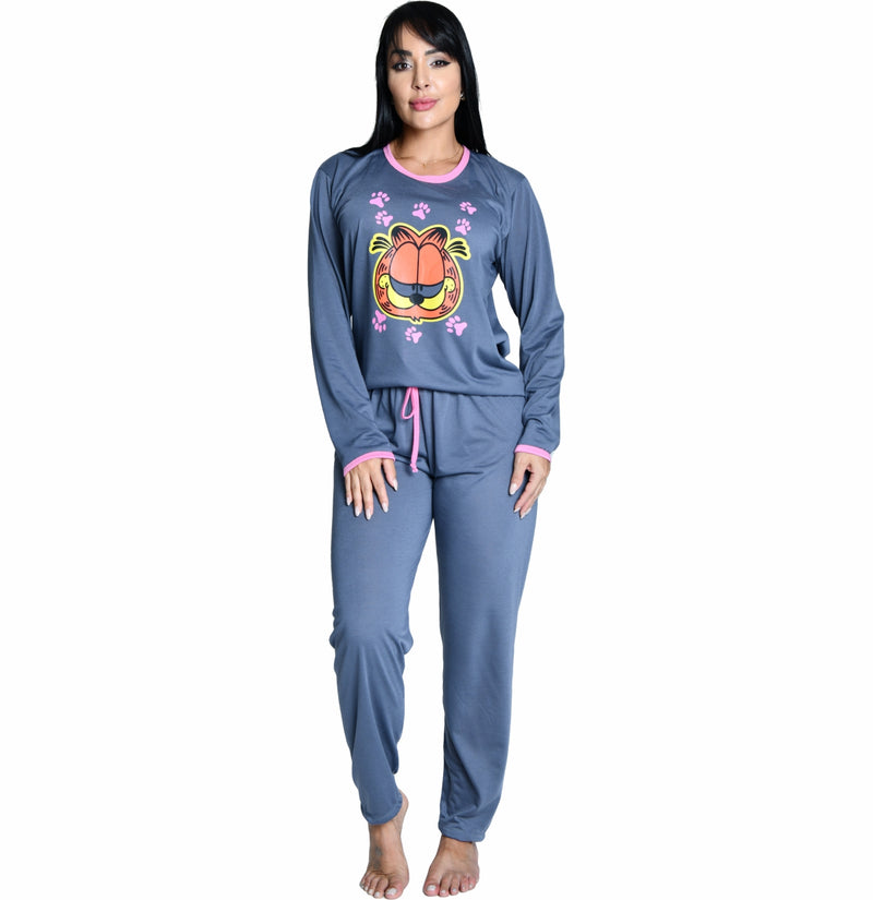 Pijama Longo Feminino Garfield Cinza