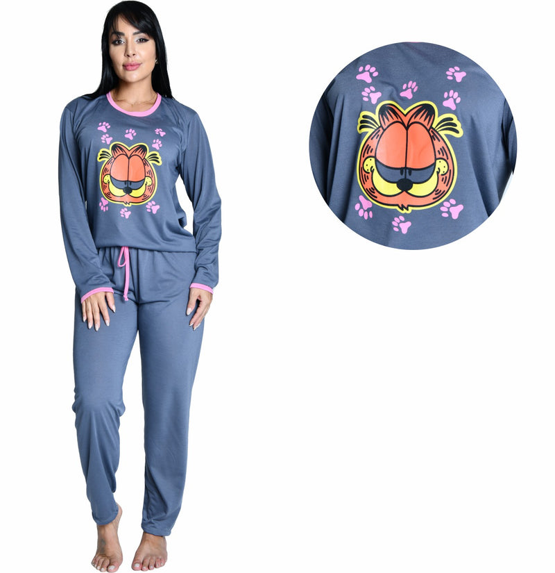 Pijama Longo Feminino Garfield Cinza