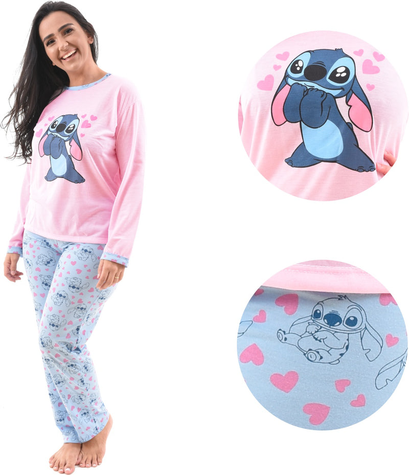 Pijama Longo Feminino Personagens Estampas Lilo Stitch