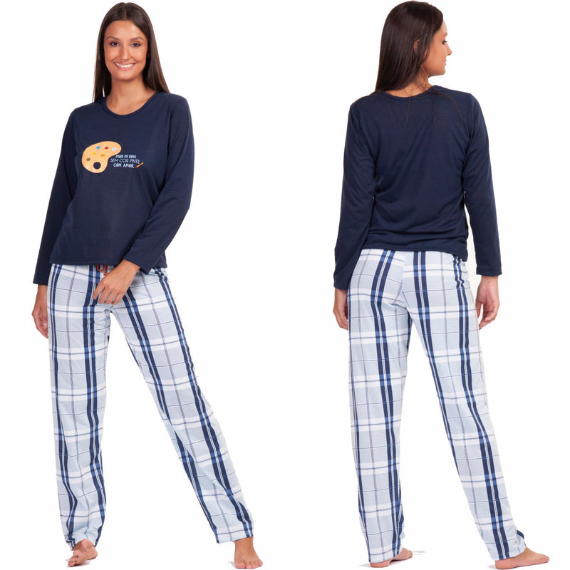 Pijama Longo Feminino Xadrez Arte Azul