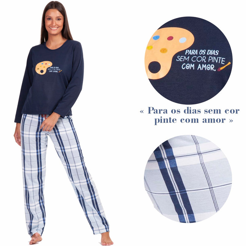 Pijama Longo Feminino Xadrez Arte Azul