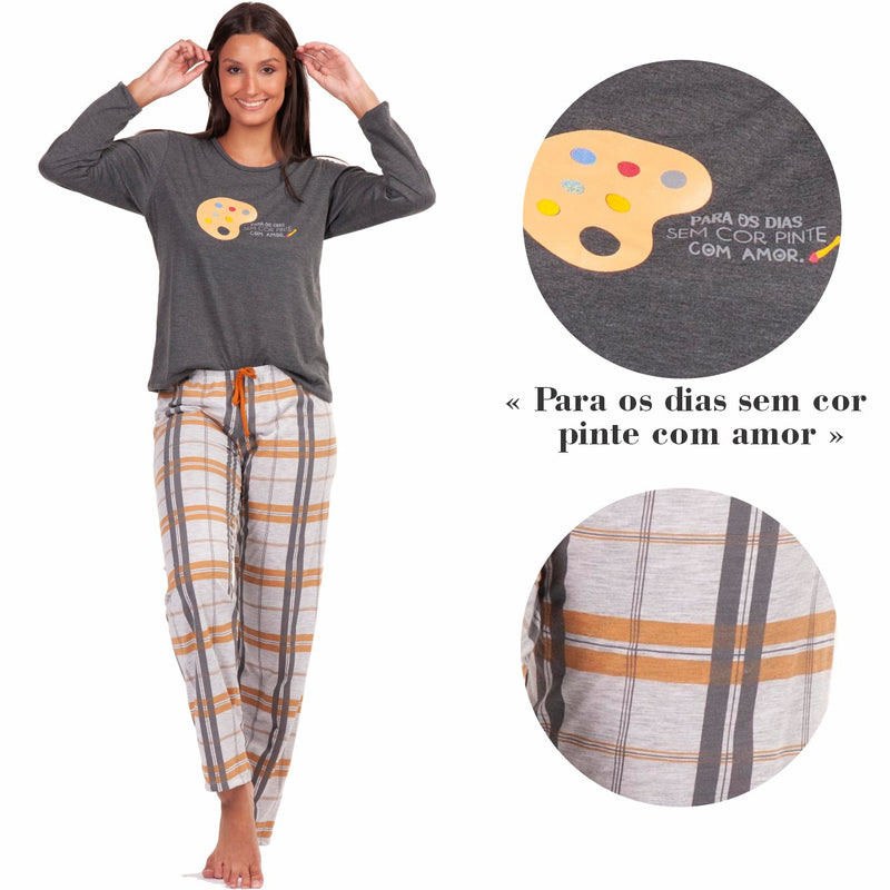 Pijama Longo Feminino Xadrez Arte Cinza Familia