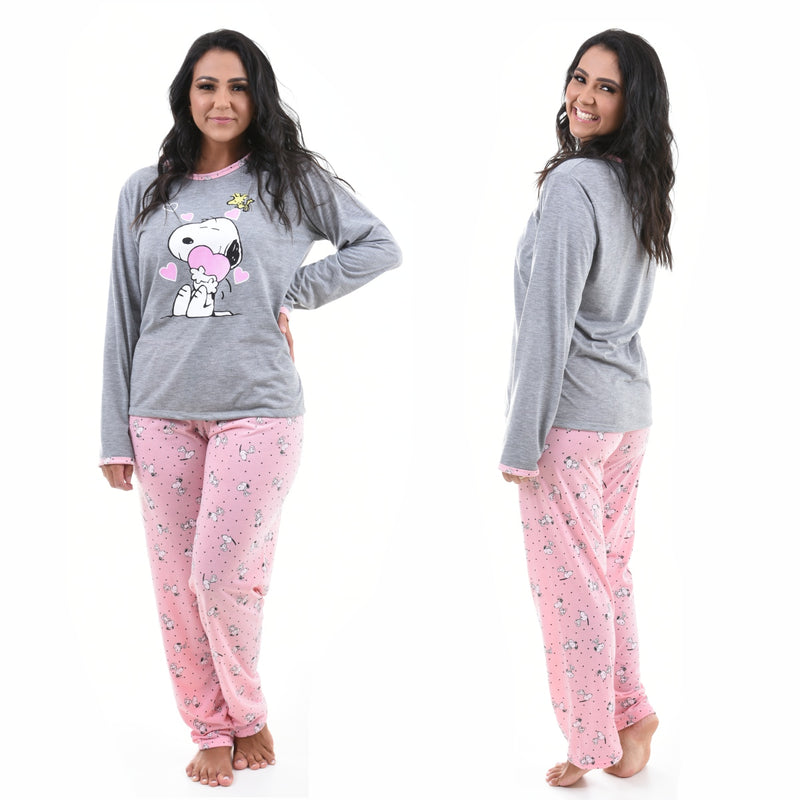 Pijama Longo Feminino Snoopy Rosa