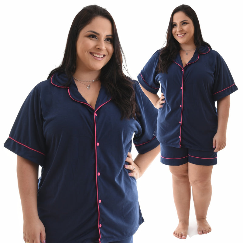 Pijama Americano Plus Size Azul Escuro Liso