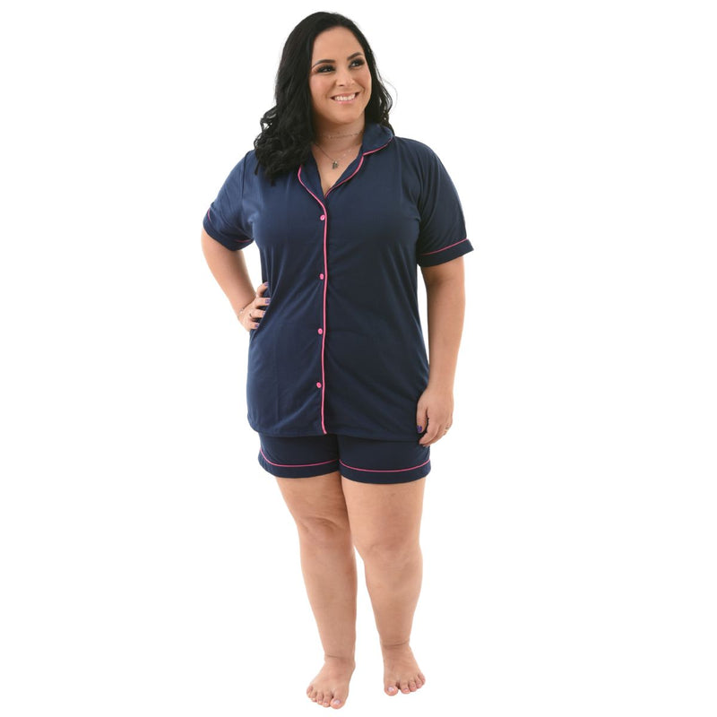 Pijama Americano Plus Size Azul Escuro Liso