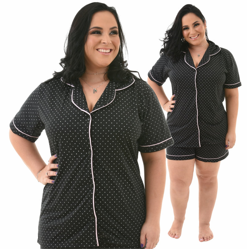 Pijama Americano Plus Size Preto Poá